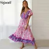 Yojoceli élégant boho imprimé à volants wrap dres été sexy col en v plage longue décontracté cool bohème maxi vestidos 210609