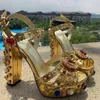 Sandaler Sommar Lyx Rhinestone Kvinnor Metallisk Guld Läder Chunky High Heel Strappy Platform Mujer Party Prom Skor