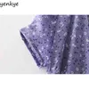 Kvinnor Lavendel Blommig sommarklänningar Sexig Cross V Neck Kortärmad Tie Waist A-Line Wrap Midi Dress Vestidos Verano 210514