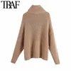 TRAF Women Fashion Dikke Warm Losse Gebreide Sweater Vintage Hoge Hals Lange Mouw Zijopeningen Vrouwelijke Pullovers Chic Tops 210415