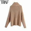 Traf Women Mode dick warm warm locker gestrickter Pullover Vintage hoher Nacken Langarm Seitententszen weibliche Pullovers Chic Tops 210415