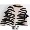 TRAF Kobiety Moda Zebra Drukuj Ruffled Cropped Dzianinowy Sweter Sweter Vintage Z Długim Rękawem Kobiet Odzież Odzieży Weszłowe Topy 210415