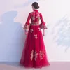 Odzież Etniczna Chiński Styl Haft Cheongsam Burgundii Bride Wedding Suknia Czerwony Elegancki Qipao Slim Długie Siatki Suknie Wieczorowe Duży Rozmiar 3XL