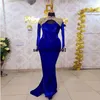 Royal Blue Prom Dress Mermaid 2022長袖ベルベットアップリケ阿蘇イブイブニングドレスアフリカのパーティーガウン