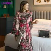 Ldyrwqy sommar koreansk version socialite chic print single-breasted floundered chiffong klänning set office lady 210416