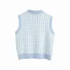 Chaleco a cuadros azul Mujer Moda Suéter de punto de gran tamaño Cuello en V Sin mangas Chaleco femenino suelto Chic Tops 210521