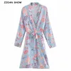 Boho V Boyun Konum Kamelya Çiçek Baskı Uzun Kimono Gömlek Tatil Yay Bağcık up Sashes Hırka Gevşek Bluz Tops 210429