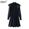 [DEAT] Fashion Spring Autumn Stand-up Collar Knee-length Long Sleeve Solid Color Simple Loose Dress 13C070 210527