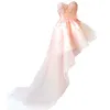 Moda rosa hi-lo strapless pageant vestidos lace-up pérolas bordados vestido de festa curta sexy vestido de noite de volta