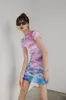 Designer Mesh Summer Bodycon Dress Women Pink Cloud Print Stand Collar Kort ärm Tight Mini High Fashion 210427227I