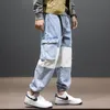 Moda Streetwear Erkekler Gevşek Fit Kot Patchwork Eklenmiş Tasarımcı Denim Kargo Pantolon Büyük Cep Geniş Bacak Pantolon Hip Hop Joggers