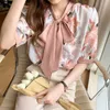 Sommer Koreanische Frauen Shirts Frau Rosa Chiffon Büro Dame Floral Kurzarm Blusen Tops Plus Größe XXL 210531