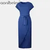 Manches courtes Maxi robes ourlet asymétrique Sexy femmes Club robe longue fête grande taille été O cou ceintures 210604