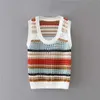 Za Striped Openwork Cropped Vest Sweater Women Sleeveless O Neck Vintage Pullover Female Fashion Loose Spring Sweaters Top 210602