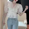 Ezgaga sexy blusa mulheres chiffon colheita tops ruffles slouff manga v-pescoço de vc up verão slim fino elegante camisas moda 210430