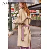 Lapel Trench Coat Spring Kobiety Solid Patchwork Luźne Z Pasem Kobiet Długie Kurtki 11930064 210527