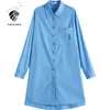Fansilanen brief borduurwerk kort blauw shirt jurk vrouwen casual streetwear lente witte zomer losse kantoor sexy 210607