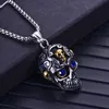 Rostfritt stål Mäns Biker Punk Skull Skelett Ghost Charm Hängsmycke Gotisk Retro Silver Guld Antik Halsband med Blå Sapphire Stone Eye Halloween Present Smycken