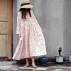 Johnature Jesień Vintage Drukuj Kwiatowy Dress V-Neck Z Długim Rękawem Pościel Kobieta Odzież Chiński Styl Przycisk Plisowana sukienka 210521