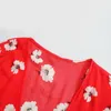 Blusas femininas camisas elina verão v neck mulheres curtas moda nó floral impresso vermelho elegante manga longa tops feminino senhoras es