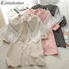 Kimutomo Cute Lace Patchwork Blouse Women Peter Pan Collar Single Breasted Short Sleeve Shirt Korean Style Summer 210521