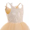 Princess Champagne white Flower Girl Dresses Sheer Neck Long strap Appliques Beads Girls Formal Party Birthday Gowns Toddler Pageant Dress