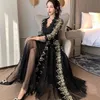 High Quality Spring Sexy V-neck Three Quarter Sleeve Mesh Embroidery Polka-Dot Elegant Slim Draped Party Long Dress 210416