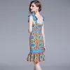 Designer Runway Bow Spaghetti riem zomer vrouwen blauw en wit porselein bloem print ruches bodycon zeemeermin jurk 210416