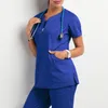 Medigo-018 Style Femmes Scrubs Tops + pantalon Hommes hôpital Uniforme Chirurgie Scrubs Chemise À Manches Courtes Uniforme D'allaitement Animal de compagnie gris anatomie Docteur Vêtements de Travail