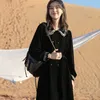 フレンチベルベット人形襟ブラックドレスエレガントなスリム女性長袖ブレザー冬の女性カジュアルパーティーMIDI 210604