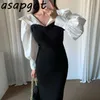 Lapel Black White Patchwork Fake Two Piece Shirt Dress Women Slim High Waist Lantern Sleeve Mermaid Klänning Trumpet Maxi Vestido 210610