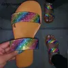 Kvinnor flip flops tofflor sommarstrand sandaler platt utomhus glid chaussure femme 2021 bling strass