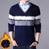 ファッションメンズセーター男性ニットウェアセーター暖かいパッチワークVネック偽2ピースジャンパー服コットンカジュアルウールプルオーバーY0907