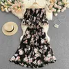 Bohemian Floral Print Frauen Chiffon Kleid Sexy Slash Neck Kurze Flare Hülse A-Line Off Schulter Schlank Vestidos Weibliche 2021 Neue y0603