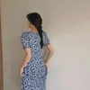 Chic Casual Puff Sleeve Vrouwen Maxi Jurken Plus Size V-hals Split Floral Jurk Zomer A-lijn Dames Robe Blauw Vestidos 210521