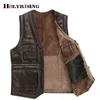 Luxury Mens Full Sheepskin Leather Gilet Motorcycle Vest for Men Pockets Black Brown Fake Leather Coat 19246-5 211215