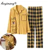 Cotton Long Sleeve Cardigan Pajamas Set Spring Autumn Winter Fashion Bears Printing Lapel Button Stylish Plaid Women Pjs 211215