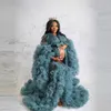 Ruffles Navy Tulle Kimono Women Dresses Robe for Photoshoot Extra Puffy Sleeves Prom Gowns African Cape Cloak Maternity Dress Photography