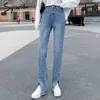 Syiwidii ​​kvinnor jeans svarta flare byxor framsida slitben vår hög midja bell botten jeans full längd denim kläder 210616