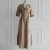 Yaz Bir Çizgi Kadın Elbise Kore Çentikli Yaka Yarım Kollu Düğme Bandaj Yay Vintage Uzun Maxi Kadın Robe Vestidos 210514
