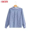 Kobiety Retro Lace Patchwork Blue Plaid Bluzka Z Długim Rękawem Chic Kobiet Koszula Topy Yi13 210416