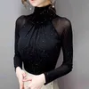 Korean fashion Women Mesh top High neck Sexy Black bottoming t shirt Casual Bright silk Lady Blusa 210720