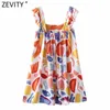 Zevity Femmes Vintage Col Carré Plissé Volants Graffiti Imprimer Mini Robe Femme Casual Robe Chic Beach Style Robes DS8384 210603