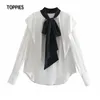 Toppies doux blanc volants Blouses hauts femme noir noeud papillon chemises à manches longues dames hauts 210412