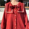 Ezgaga Preppy Style Sweet Girl Dress Loose Long Puff Sleeve Sailor Collar Lace Up Japanese Style Pleated Dress Women Kawaii 210430
