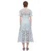 Sky Blue Crochet Lace Summer Women's Short Sleeve Ruffles Flower Hollow Out High Waist Midi Long Dress 210416