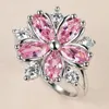 Luxury Female Pink Crystal Stone Ring Silver Color Thin Wedding Rings For Women Promise Bride Flower Zircon Engagement