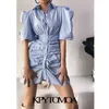 Women Chic Fashion Striped Pleated Fitted Mini Dress Puff Sleeves Button-up Female Dresses Vestidos Mujer 210420