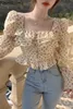 Nomikuma Korean Vintage Shirts Women Square Collar Long Sleeve Blouse Chemises Femme Flower Pattern Crop Top Blusas 210514