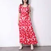Print lace up strik vintage jurk voor vrouwen vierkante kraag mouwloze hoge taille maxi jurken vrouwelijke kleding 210520
